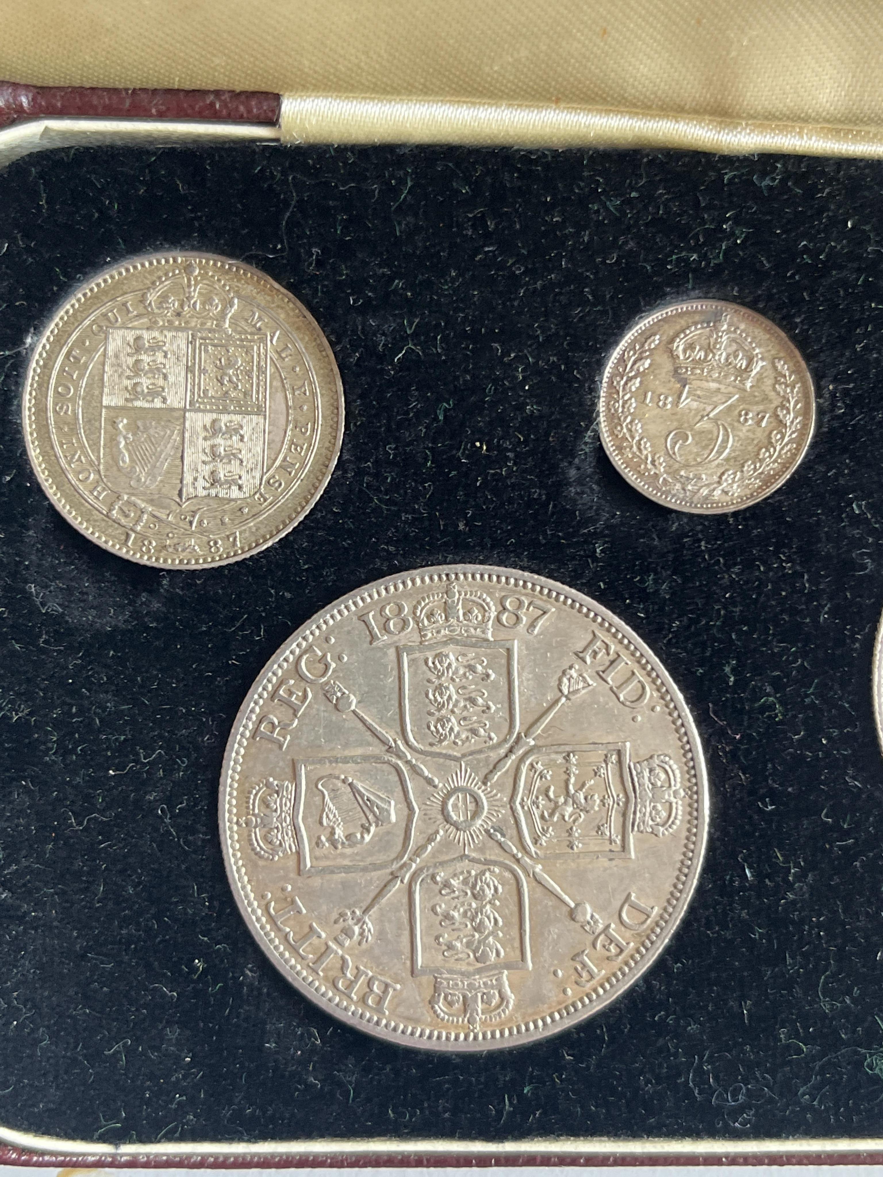 British silver coins, Victoria, 1887 Golden Jubilee specimen coin set, threepence to crown (sixpence lacking), near EF or better